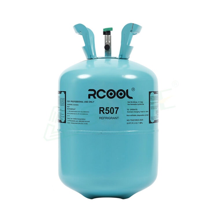 Blue R507 refrigerant gas cylinder with two hoses attached, used in HVAC systems for cooling and refrigeration.